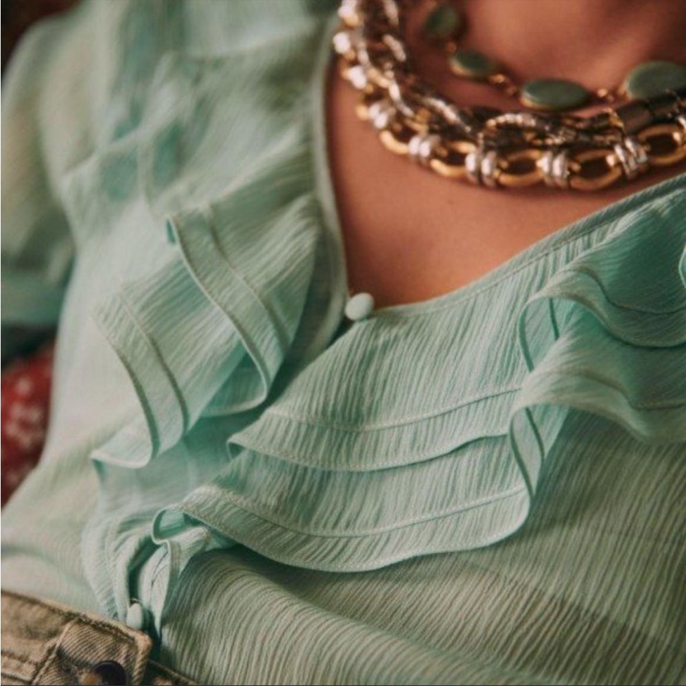 Sezane Mint Green Ruffle Blouse